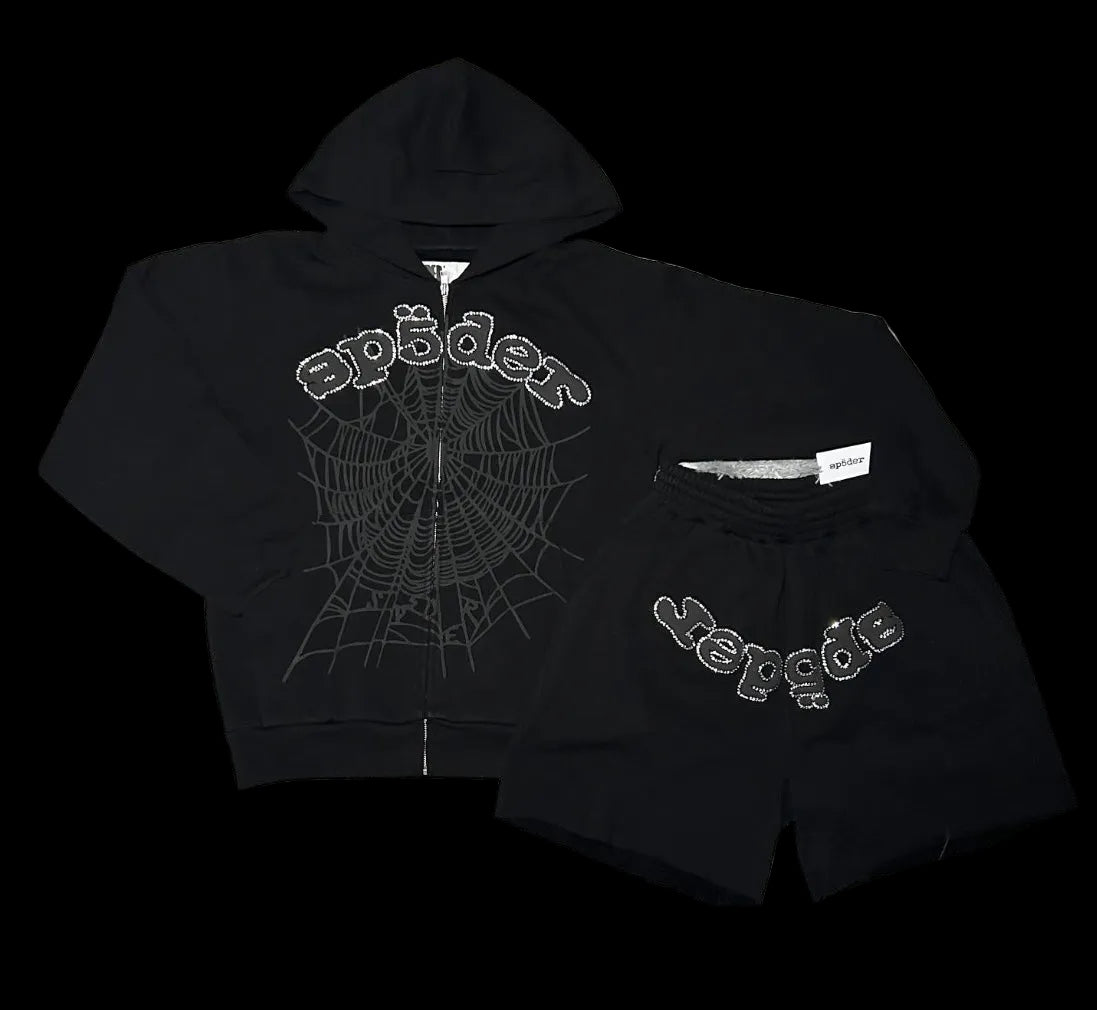 Sp5der Rhinestone Zip Up Shorts Set