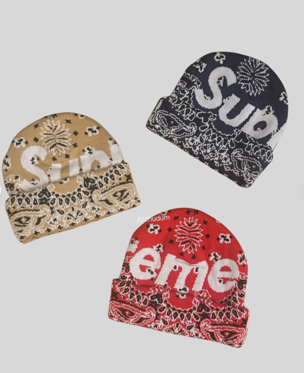 SUPREME FW24 BANDANA BIG LOGO BEANIE RED NAVY BLUE BEIGE