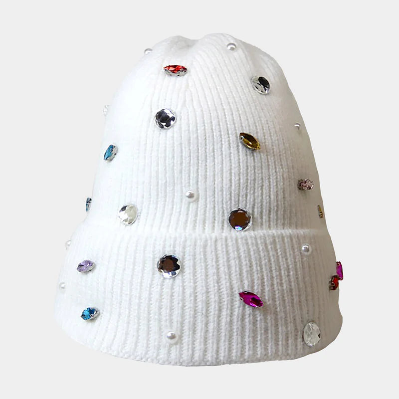 Pearl Jewel Embellished Fleece Lining Knit Beanie Hat