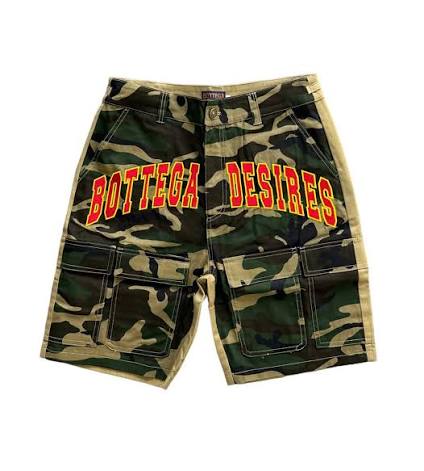 BOTTEGA DESIRES CAMO CARGO SHORTS