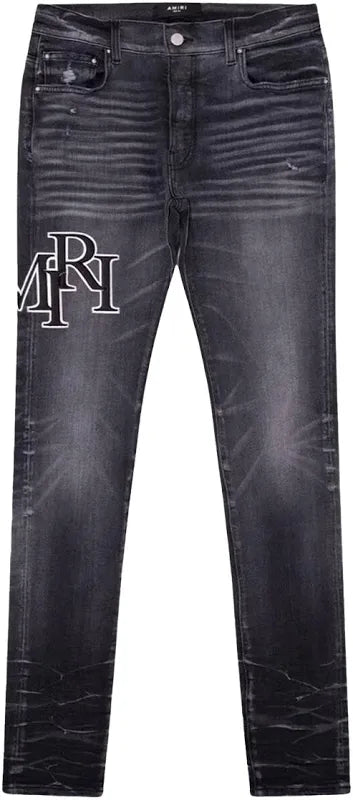 Amiri Distressed "Staggered Logo" Vintage Wash Grey Jeans