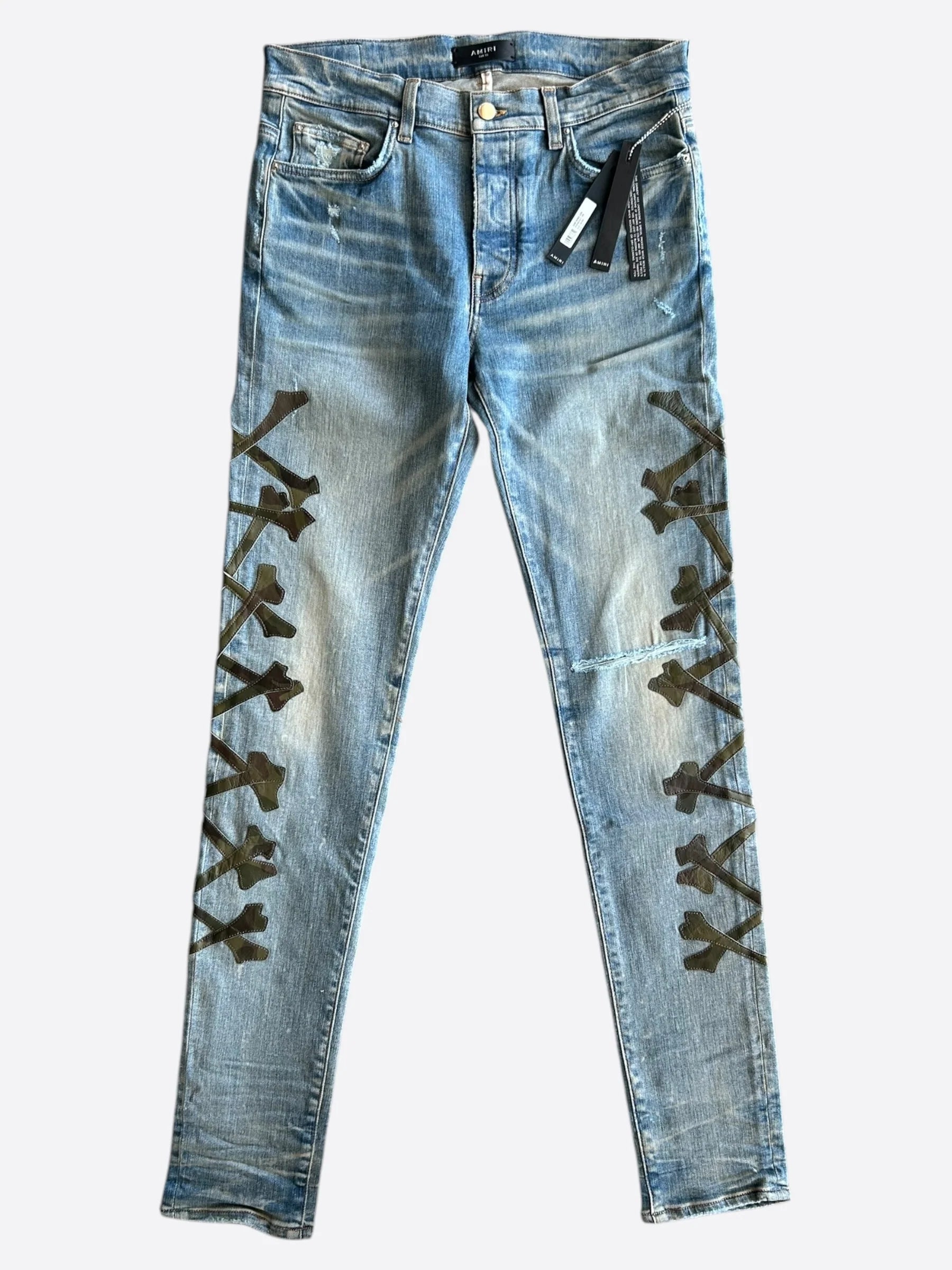 Amiri Camouflage Bones Applique Distressed Jeans