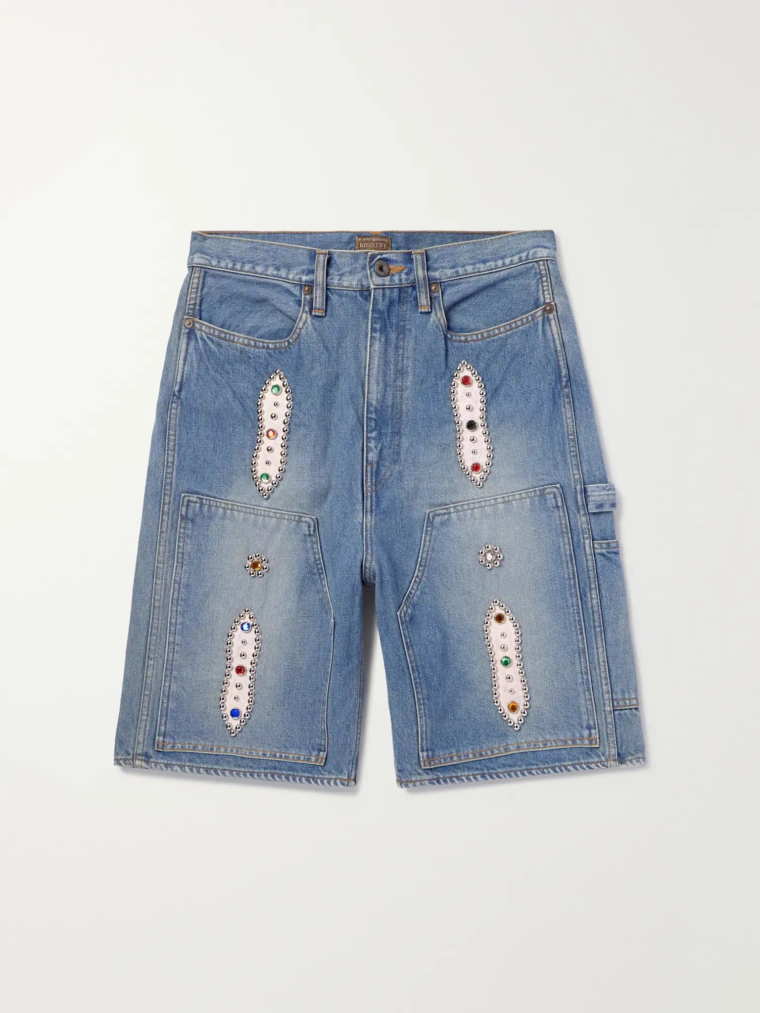 KAPITAL Straight-Leg Leather-Trimmed Embellished Denim Shorts