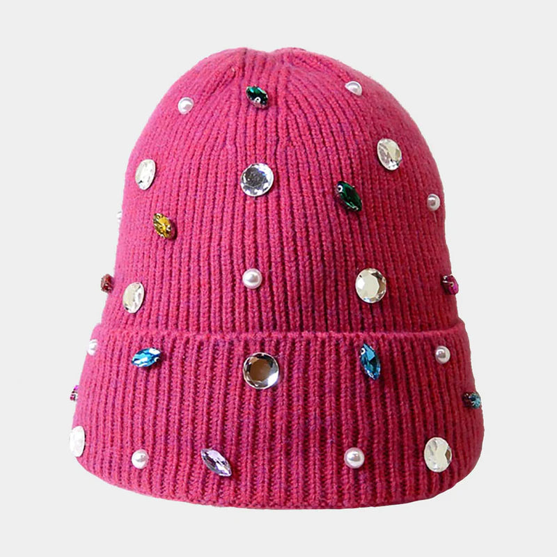 Pearl Jewel Embellished Fleece Lining Knit Beanie Hat