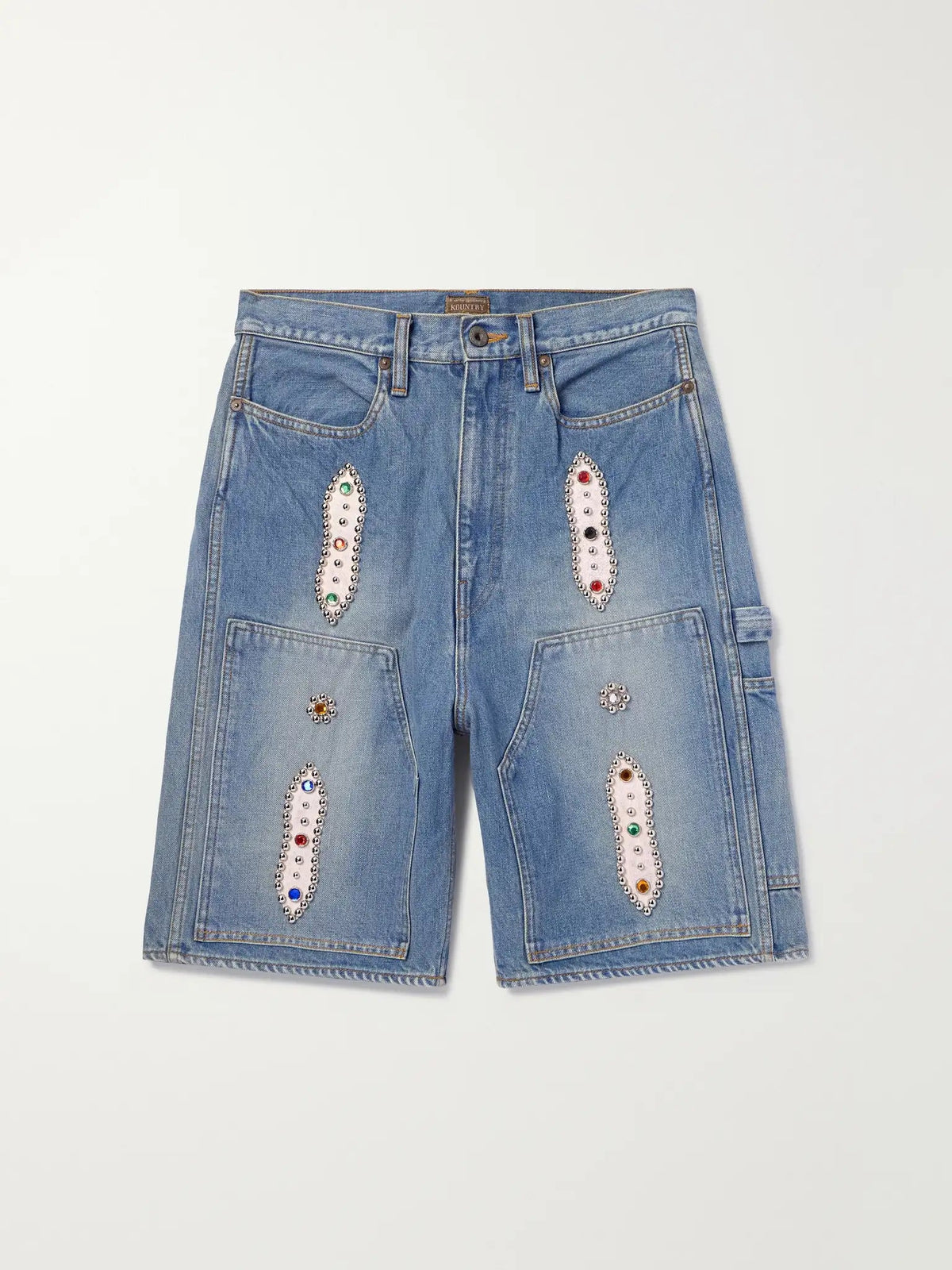 KAPITAL Straight-Leg Leather-Trimmed Embellished Denim Shorts