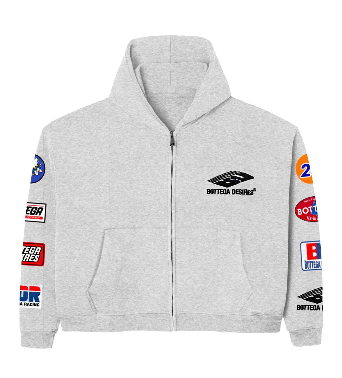 BOTTEGA DESIRES PATCHES ZIP UP HOODIE GREY