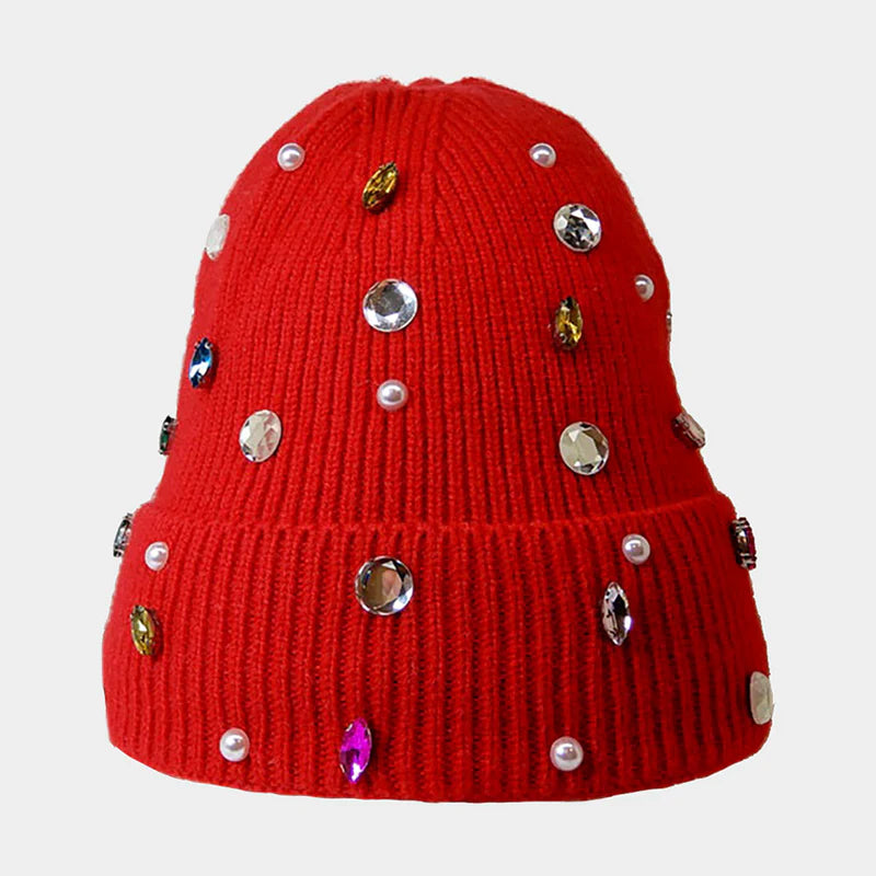 Pearl Jewel Embellished Fleece Lining Knit Beanie Hat
